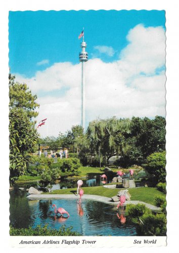 CA San Diego Sea World American Airlines Flagship Tower Pink Flamingos Vtg Postcard 4X6