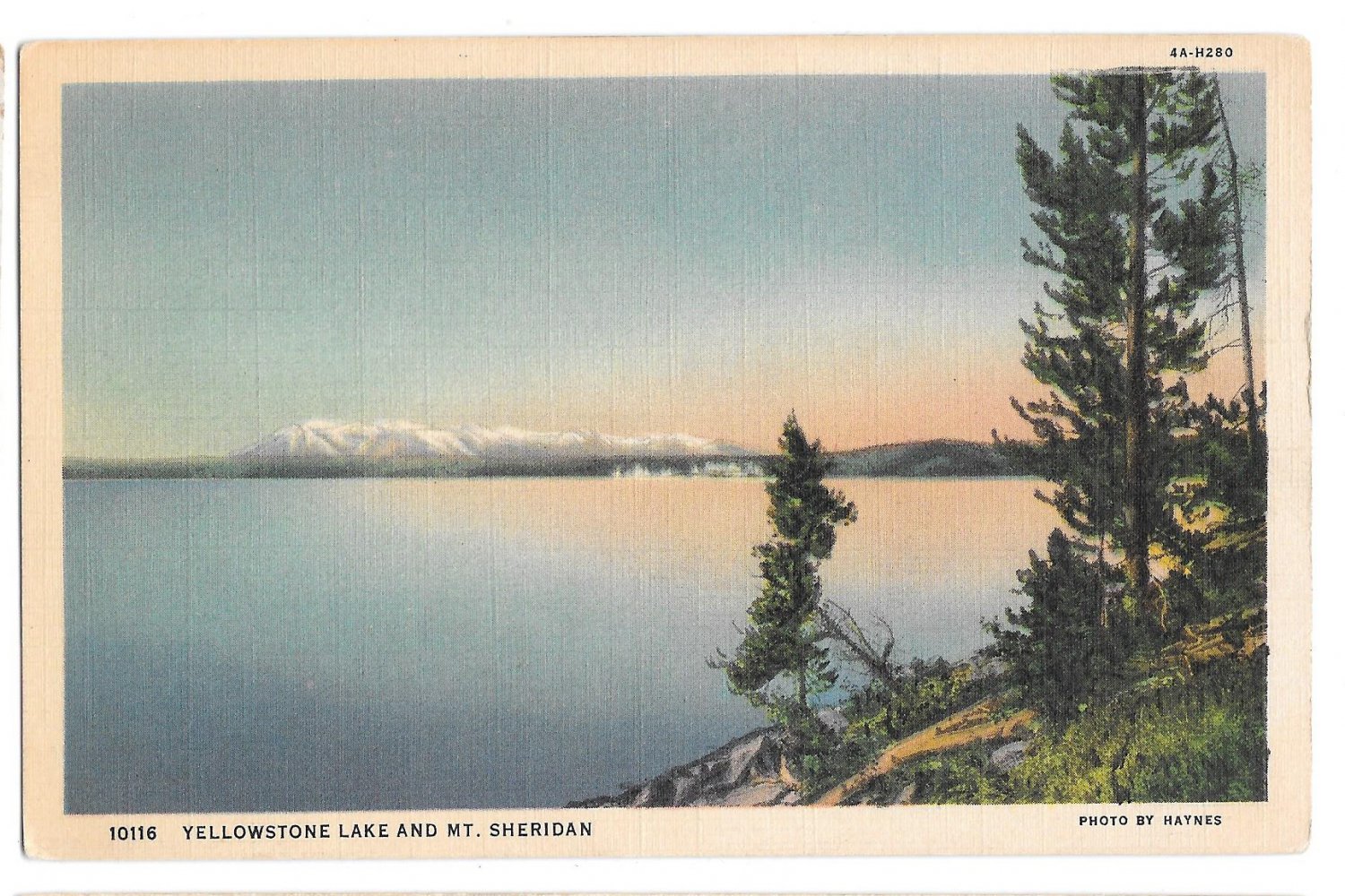 WY Yellowstone National Park Lake and Mt Sheridan Vintage Haynes Linen ...