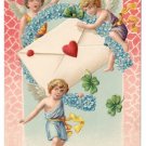 Valentine Postcard Cupid Cherub Forget Me Nots Horseshoe Envelope Embossed Vintage c 1910