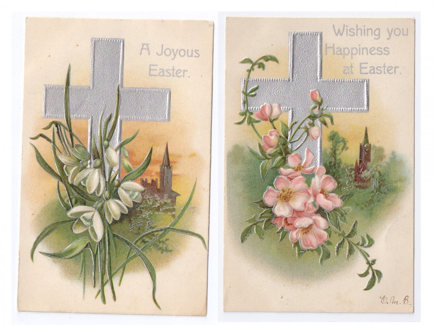 Vintage Easter Postcards Silver Gilt Cross Embossed Flowers 2X IAP Series 616