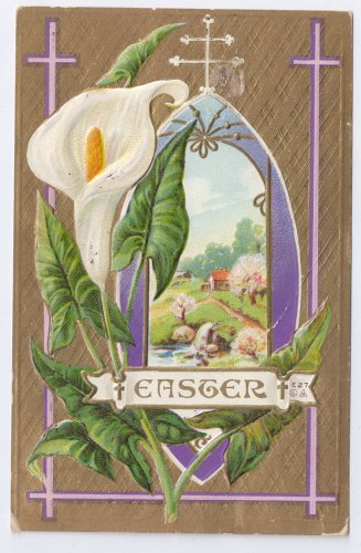 Vintage Easter Postcard Calla Lily Embossed Gold Moire Gilt Nash 1914 Beaver Falls PA Flag Cancel