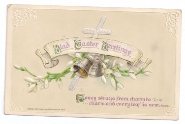 Glad Easter Greetings Silver Cross Bells Embossed John Winsch  Vintage Easter Postcard