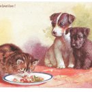 CT Howard Anticipation Puppies Kitten with Food Artist Signed Vintage J Salmon Postcard CT Howard Anticipation Puppies Kitten with Food Artist Signed Vintage J Salmon Postcard