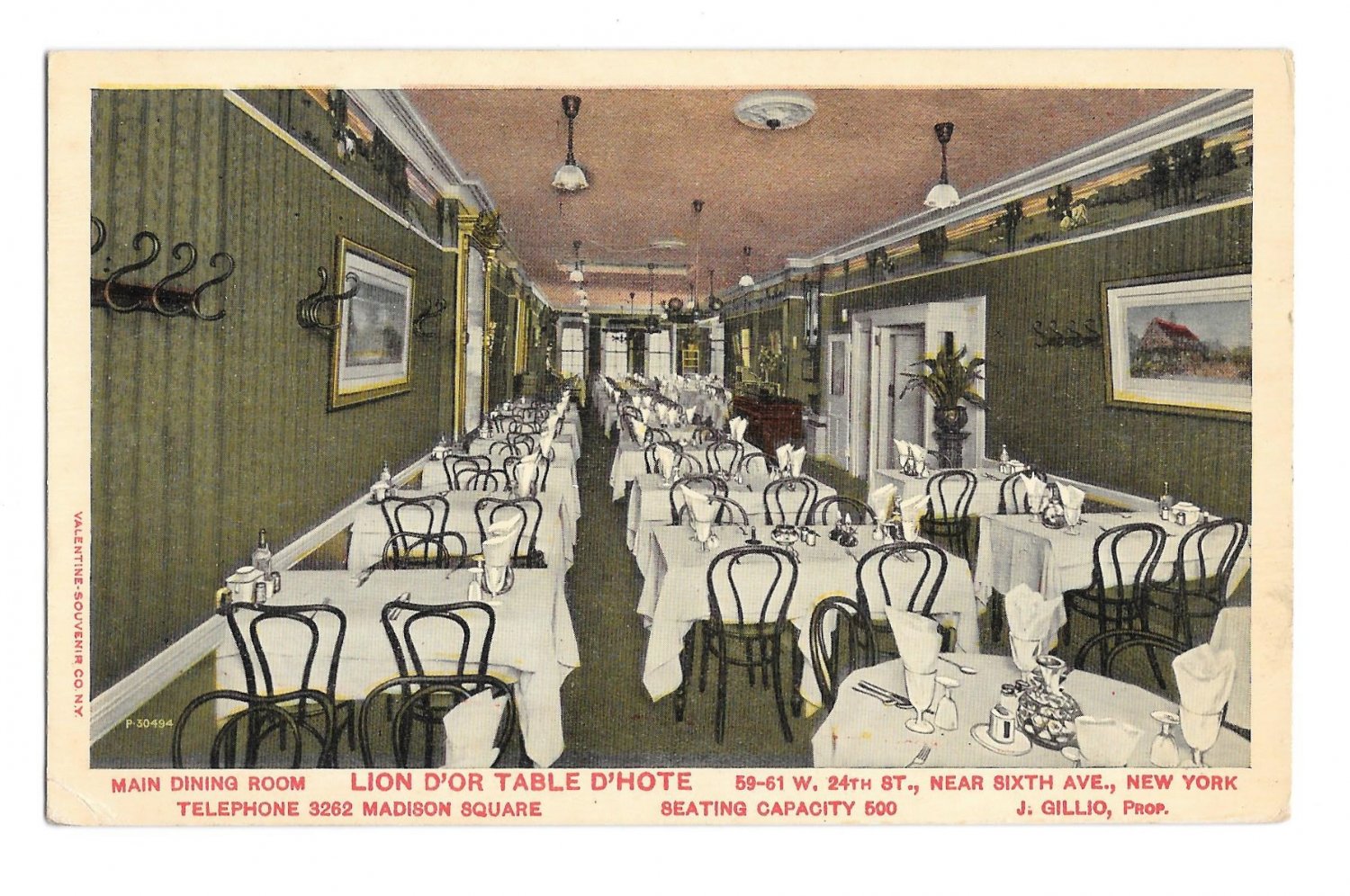 Lion D'Or Table D'Hote Restaurant Dining Room New York City NY Vintage