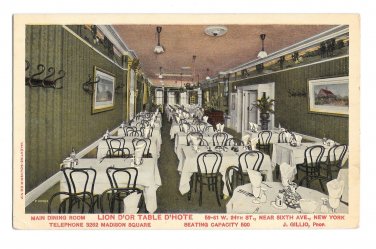 Lion D'Or Table D'Hote Restaurant Dining Room New York City NY Vintage Postcard