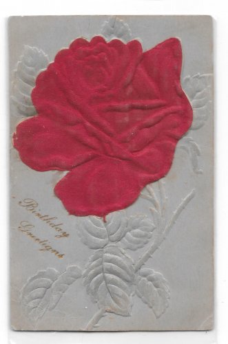 Birthday Greetings Red Applied Silk Rose Vintage Embossed Novelty Postcard