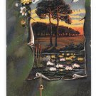 Greetings Country Pond Scene Water Lilies Anchor Embossed Vintage UDB Postcard