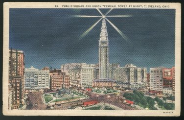 Public Square and Union Terminal Tower at Night Cleveland OH 1937 Curteich Linen Postcard