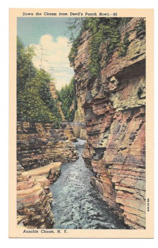 New York Down the Ausable Chasm from Devils Punch Bowl CW Hughes Vintage Linen Postcard