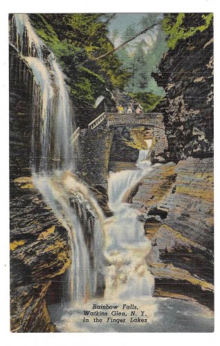 Rainbow Falls Watkins Glen NY Finger Lake Region Waterfall Vintage Linen Postcard