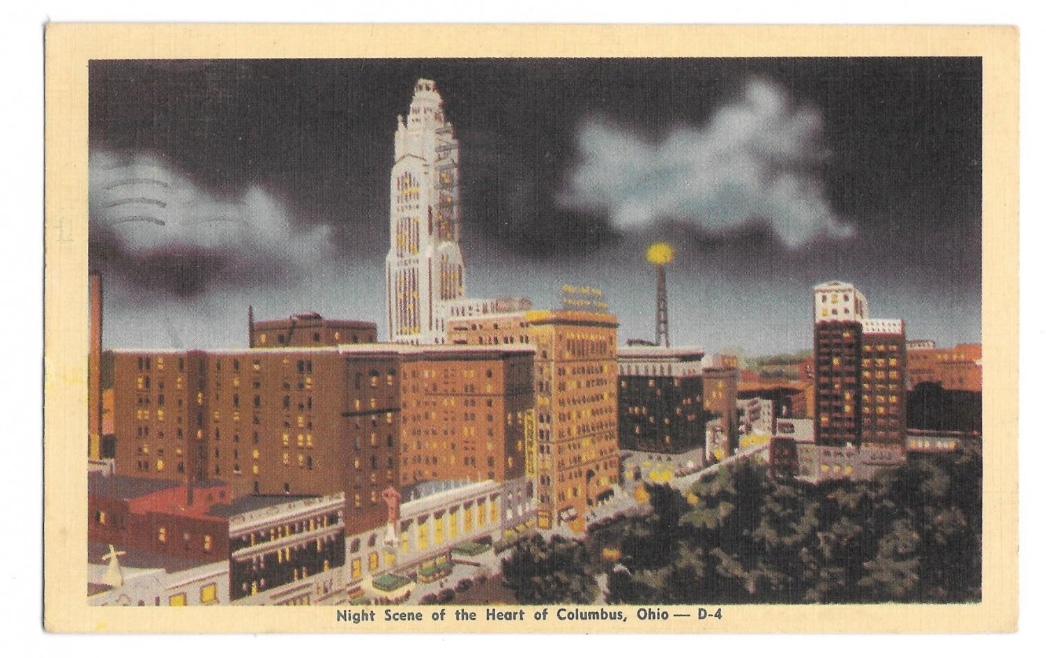 Columbus Ohio Heart of the City Night Scene Vintage Linen Postcard Posted 1946