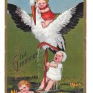 Glad Greetings Birth Marie Flatscher Stork Babies Lily Pond Embossed Gilded Postcard