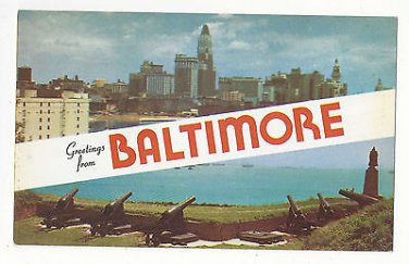 MD Baltimore Greetings Skyline and Cannons Fort McHenry Dual View Vtg Postcard