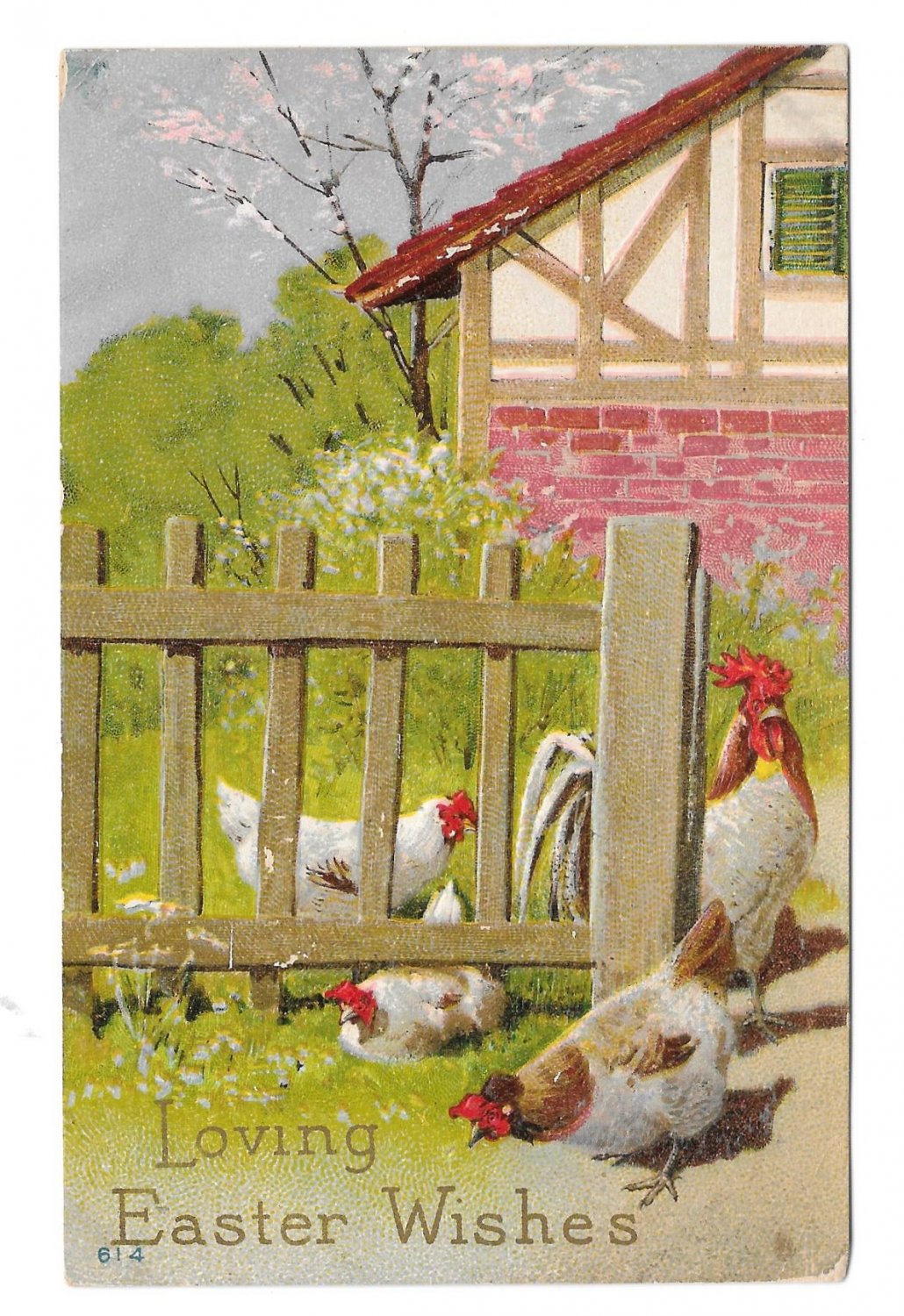 Easter Wishes Chickens Rooster Fenced Yard Embossed Postcard Vintage Posted 1911
