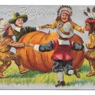 Thanksgiving Children Pilgrims Indians Dancing Pumpkin Silver Background Embossed Postcard
