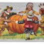 Thanksgiving Children Pilgrims Indians Dancing Pumpkin Silver Background Embossed Postcard