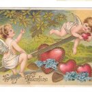 Cupids Cherubs on See Saw Teeter Totter Hearts Vintage Embossed Gilt Valentine Postcard