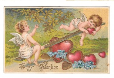 Cupids Cherubs on See Saw Teeter Totter Hearts Vintage Embossed Gilt Valentine Postcard