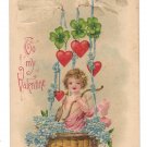 Valentine Cupid in Basket Hearts Doves Forget me Mots Vintage Embossed B W Germany Postcard