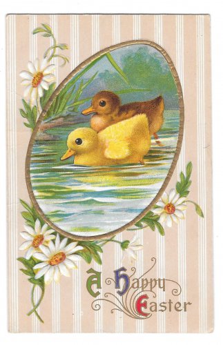 Happy Easter Swimming Ducklings Daisies Gold Frame Vintage Embossed Postcard