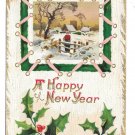 Happy New Year 1911 Holly Man by Fence in Winter Scene Vintage Embossed Postcard