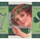 St Patricks Day Lady Harp Pretty Girl Shamrock Vintage Embossed Silver Gilt Postcard