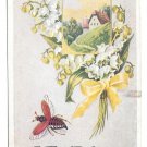 Just a Line in Greeting Bee Lily of Valley Flying Insect Vintage Embossed Postcard Just a Line in Greeting Bee Lily of Valley Flying Insect Vintage Embossed Postcard