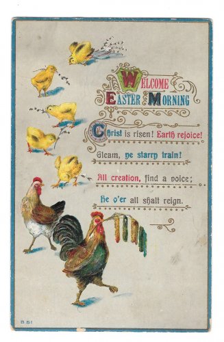 Welcome Easter Morning Embossed Rooster Hen Chicks Vintage Postcard