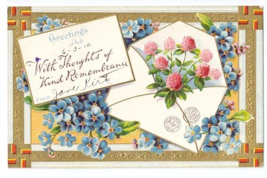 Greetings Remembrance Embossed Vintage Postcard Gilt Clover Forget Me Nots 1910