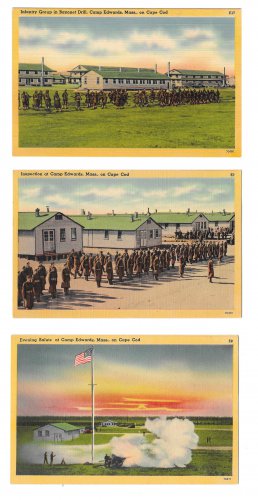Camp Edwards Cape Cod MA Military Base 3 Vintage Postcards Evening Salute Inspection Bayonet Drill