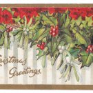 Christmas Greetings Embossed Applied Glitter Mistletoe Holly Vintage Postcard