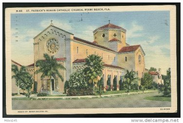 FL St Patrick's Roman Catholic Church Miami Beach Florida Linen Postcard 1942 Soldiers Free Mail