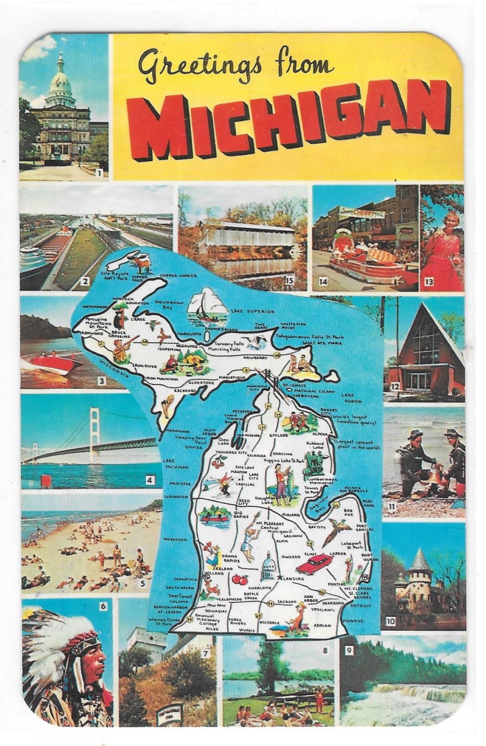 Greetings from Michigan 13 Pictorial Views Attractions Vintage Map Postcard