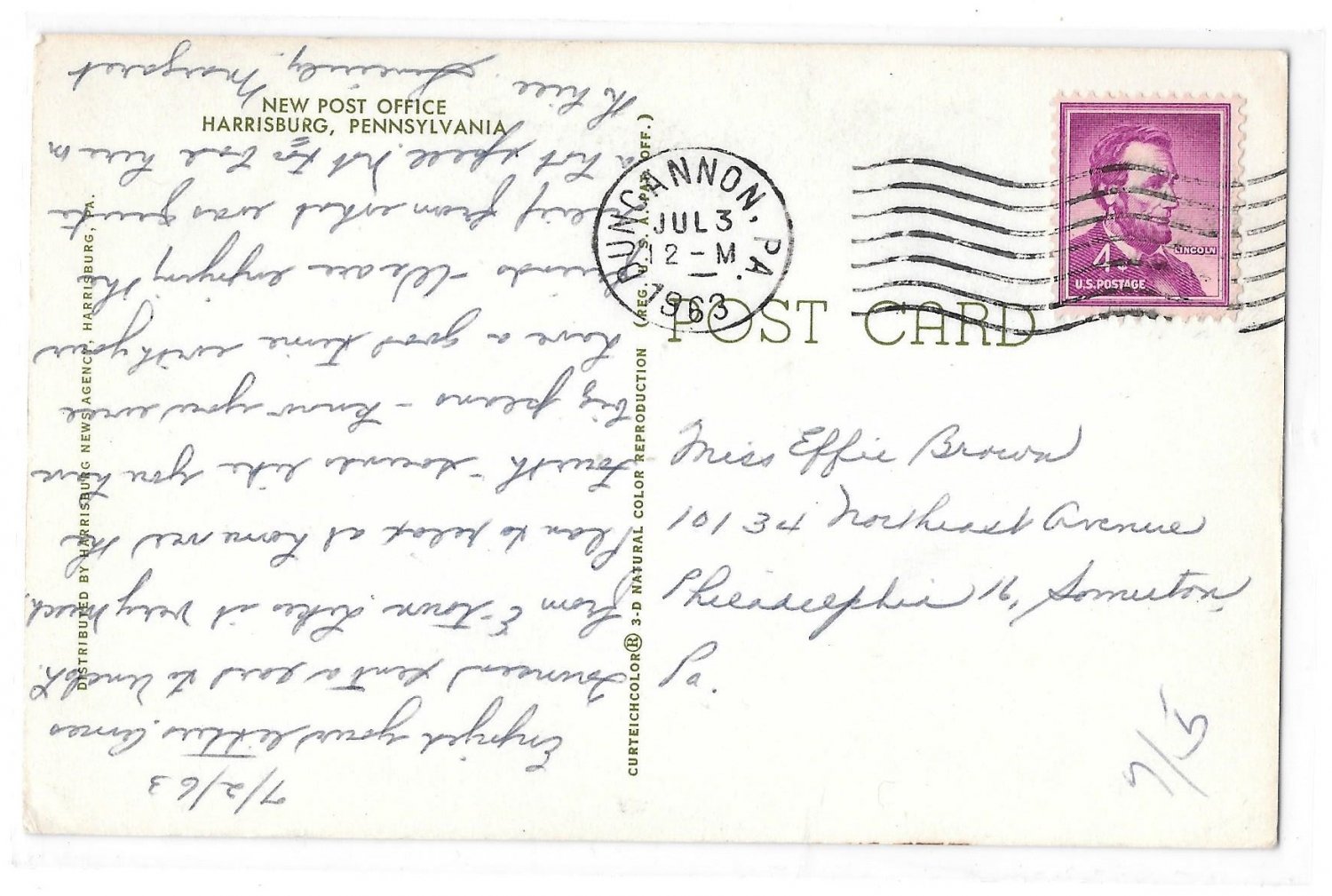 Harrisburg PA New Post Office Vintage Postcard Posted 1963