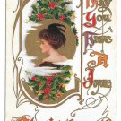 Christmas Pretty Edwardian Lady Holly Feathered Hat Vntg Embossed Gold Gilt Postcard