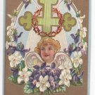 Easter Angel Cross Crown of Thorns Gold Embossed Vintage Postcard Chromolithograph