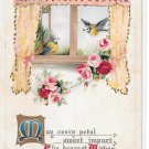 Romance Birds Blue Jays Roses in Window RVintage Embossed 1916 B B London Postcard Romance Birds Blue Jays Roses in Window RVintage Embossed 1916 B B London Postcard