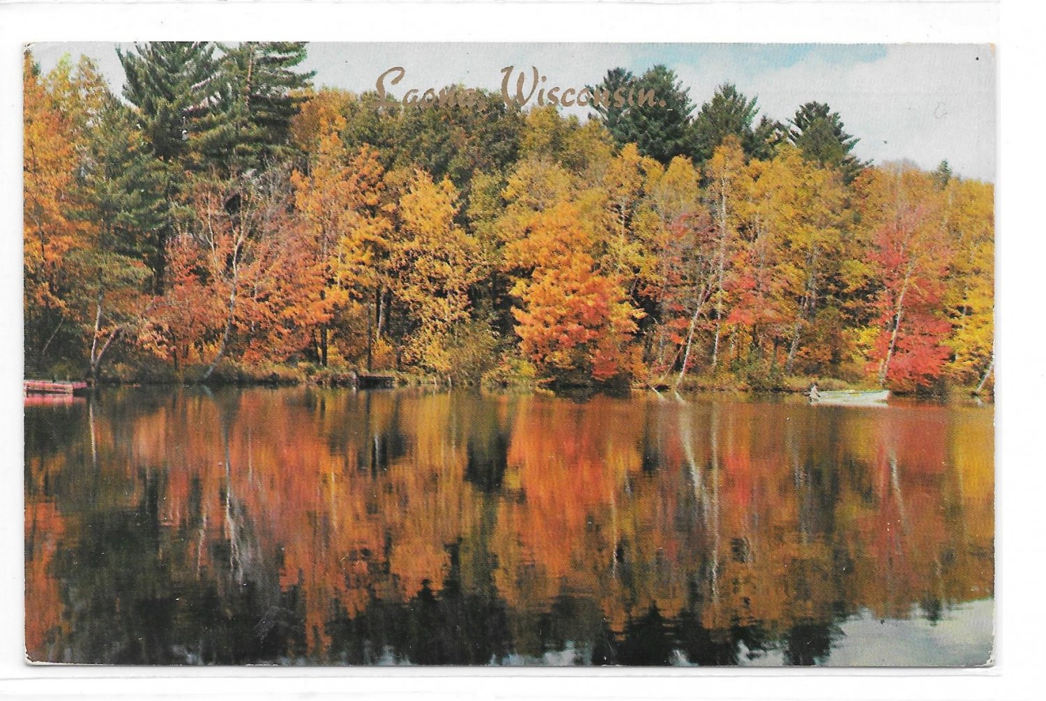 WI Laona Wisconsin Vacationland Autumn Lake Scene with boar Fall Color Vintage Postcard