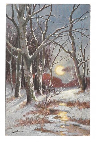 AS Adolf Kaufmann Austrian Painter Trees Full Moon Winter Landscape TSN Serie 1398 Postcard