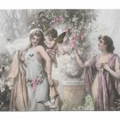 Beautiful Women Cherub Birds Garden Artist Signed no info Postcard