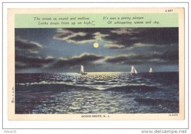 Ocean Grove NJ Curteich Moonlight Scene Series Sailboat Poem Linen Postcard 1938