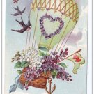 Valentine Day Hot Air Ballon Flowers Birds Vintage  Embossed Postcard