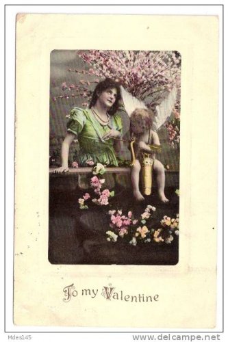 Valentine 1909 Pretty Girl and Cupid Cherub Roses Artchrom Serie 3036 Postcard