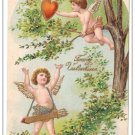 Valentine Cupid In Tree Picking Heart Embossed Gold Gilded Vintage Postcard 1910