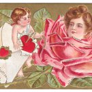 Valentine Postcard Cupid Pretty Lady Rose Flower Face