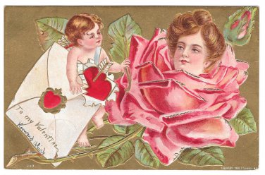 Valentine Postcard Cupid Pretty Lady Rose Flower Face