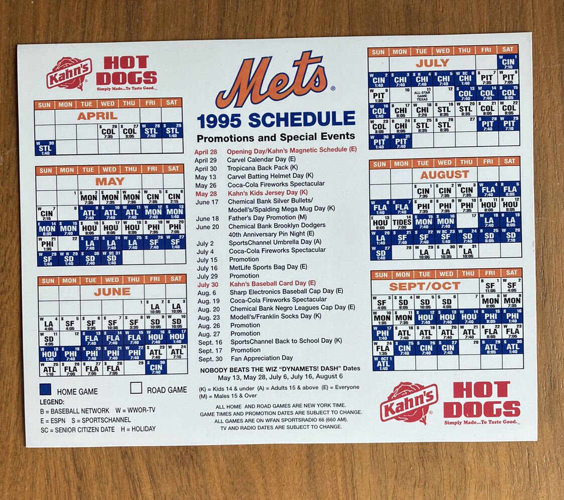 New York Mets Baseball MLB Magnet Schedule 1995 Kahns Hot Dogs