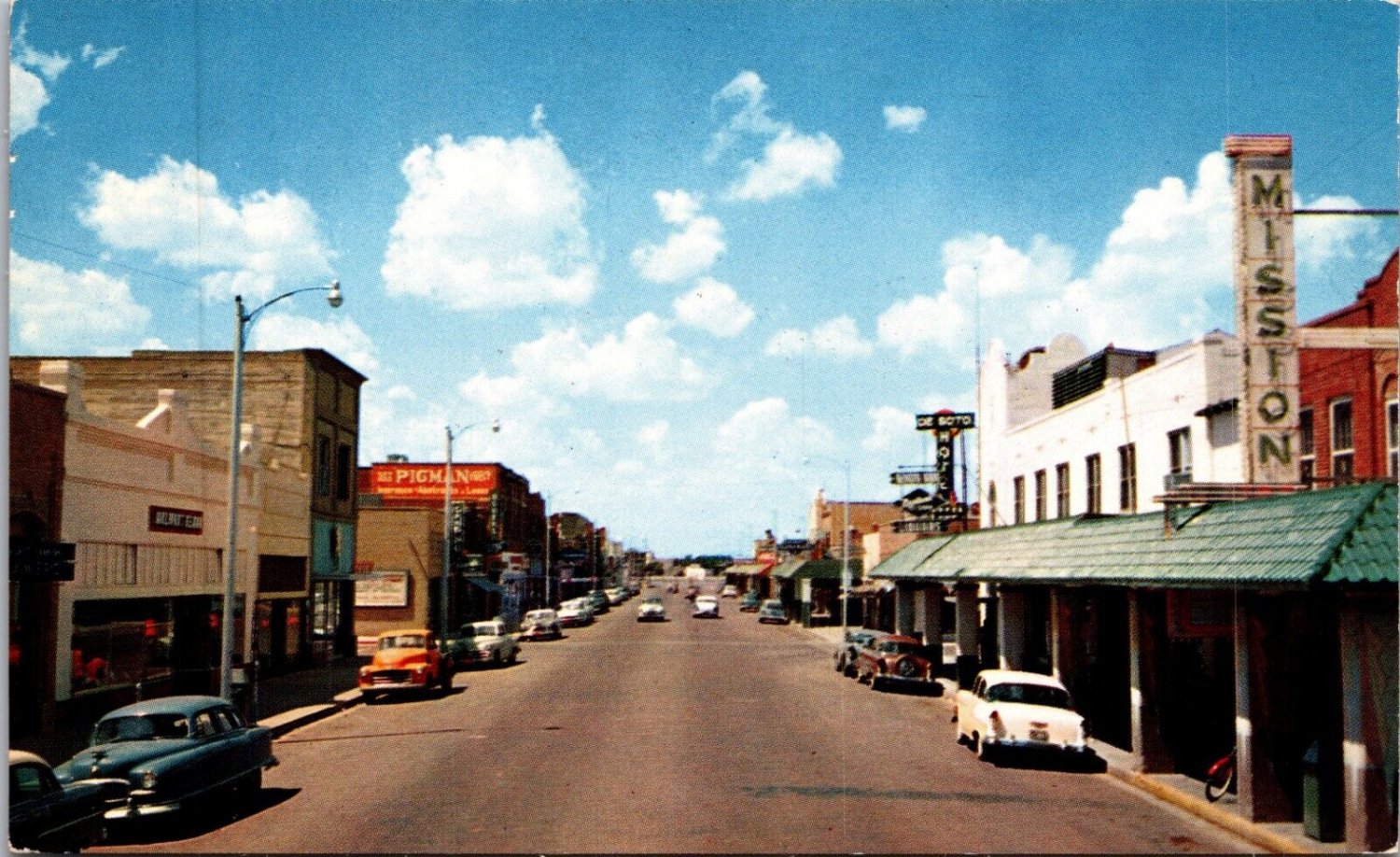 Dalhart Texas Main Street Postcard Vtg Cars Storefronts Pigman Mission