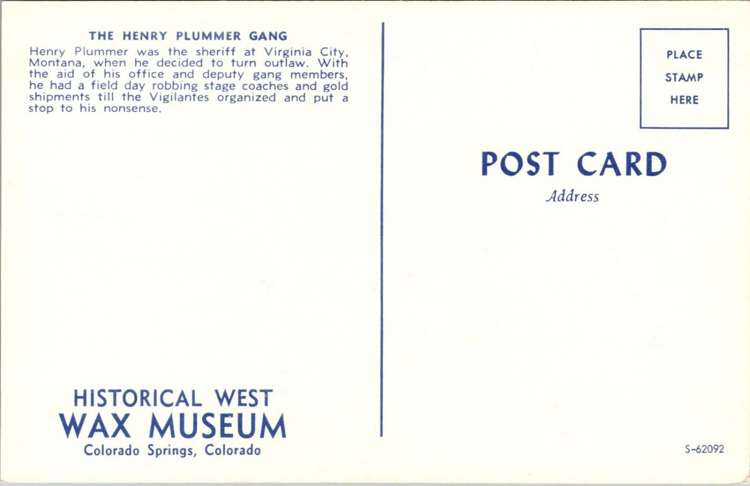 Henry Plummer Gang Historical West Wax Museum Colorado Springs Postcard