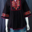 BLACK BOHO FLARED SLEEVES FLORAL EMBROIDERY COTTON TOP